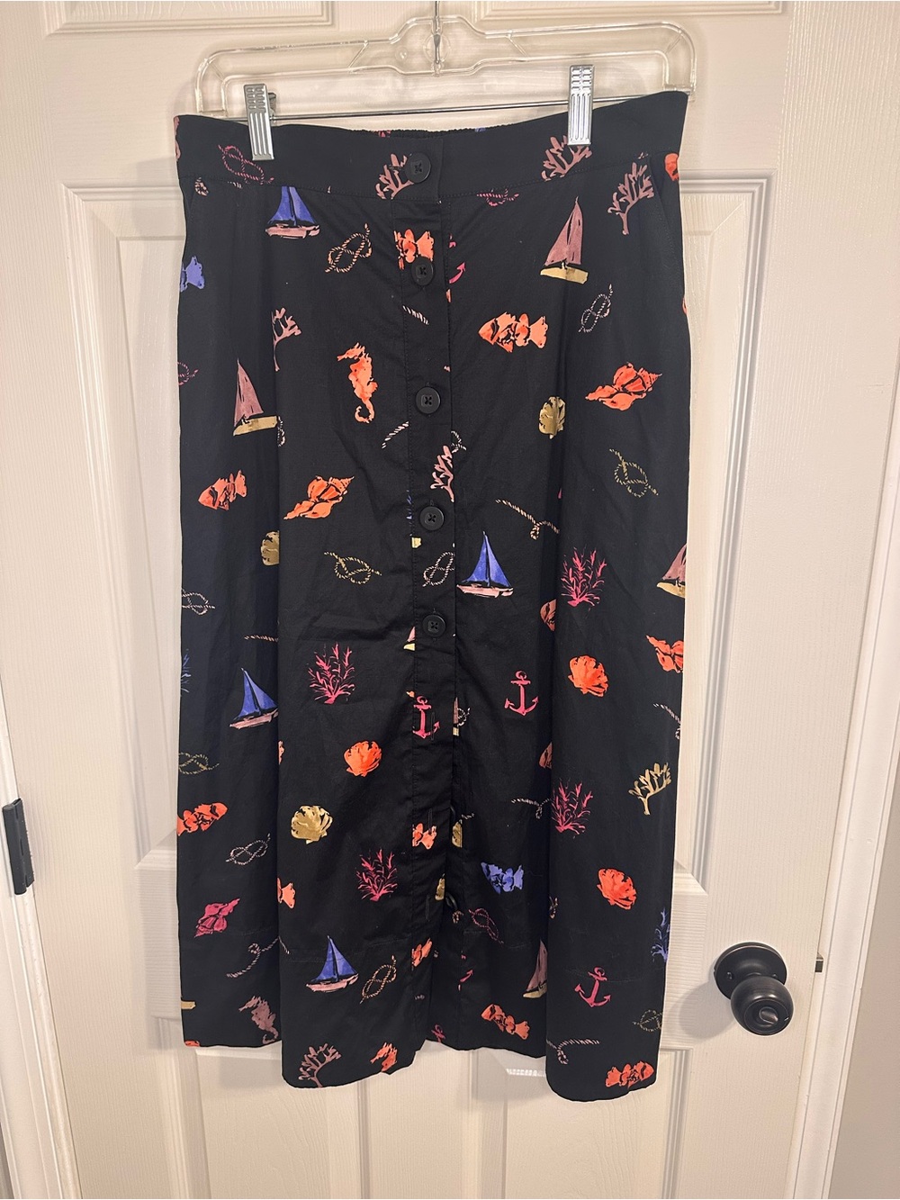 Black Button-Front Skirt with Nautical Print